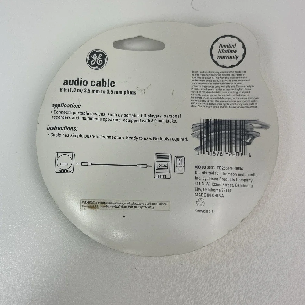 GE Audio Cable 6ft 3.5 mm Jacks Universal Push On Connectors‎